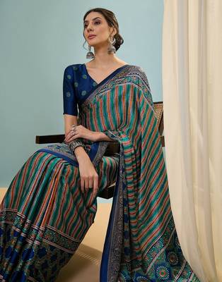 Blue instant wear designer saree with blouse fabric 4