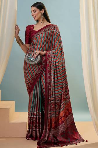 Red ready made saree with  unstitched blouse