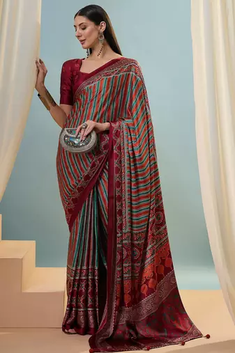 Red ready made saree with premium unstitched blouse