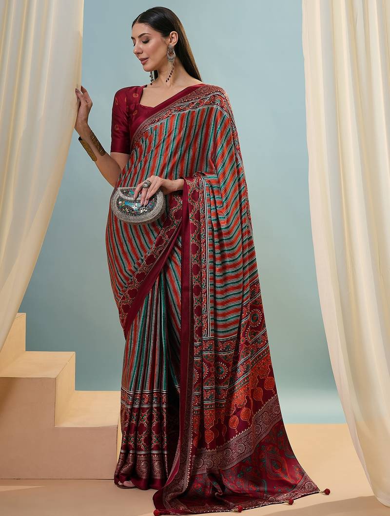 Red ready made saree with premium unstitched blouse