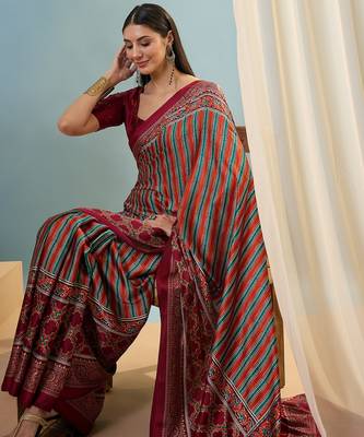 Red ready made saree with  unstitched blouse 2
