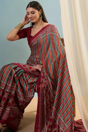 Red ready made saree with premium unstitched blouse