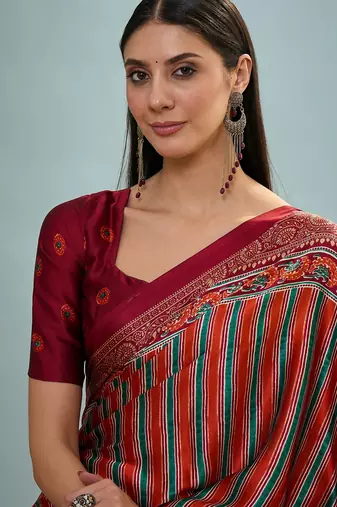 Red ready made saree with premium unstitched blouse