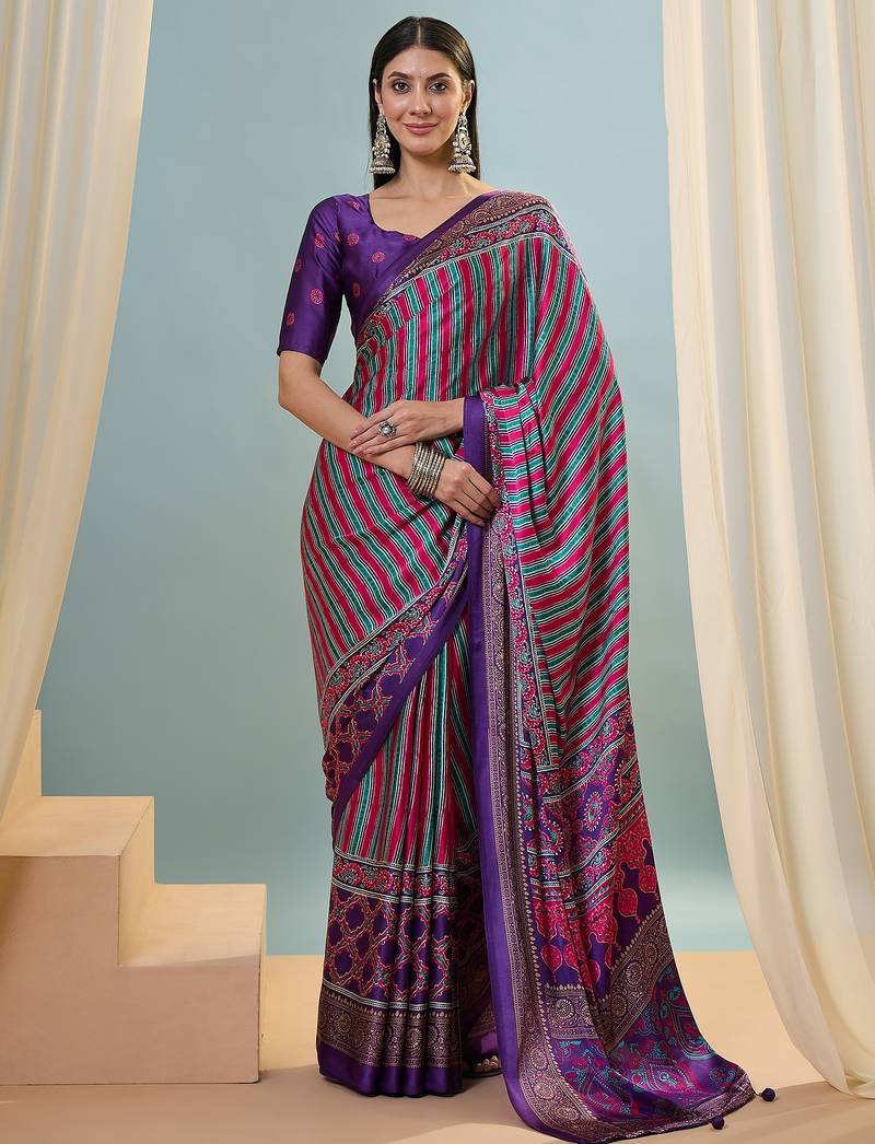 Purple trending ready to drape saree for women with blouse piece