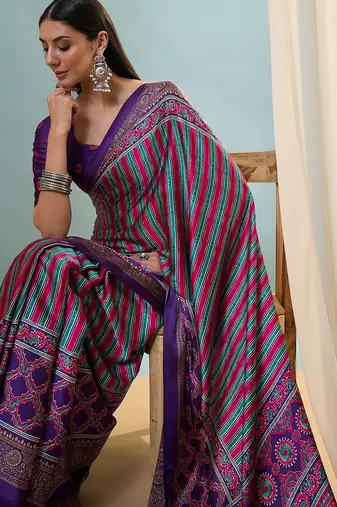 Purple trending ready to drape saree for women with blouse piece