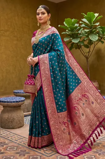 Teal blue soft banarasi silk blend saree with zari weaving meenakari design