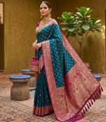 Teal blue soft banarasi silk blend saree with zari weaving meenakari design