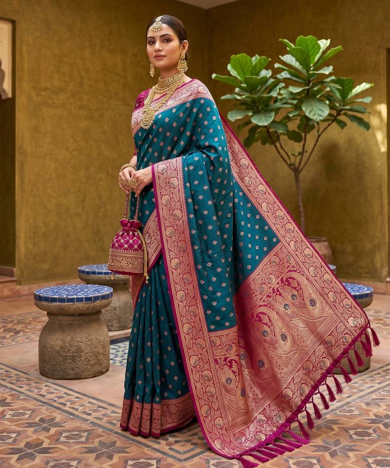 Teal blue soft banarasi silk blend saree with zari weaving meenakari design