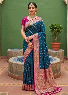 Teal blue soft banarasi silk blend saree with zari weaving meenakari design 2