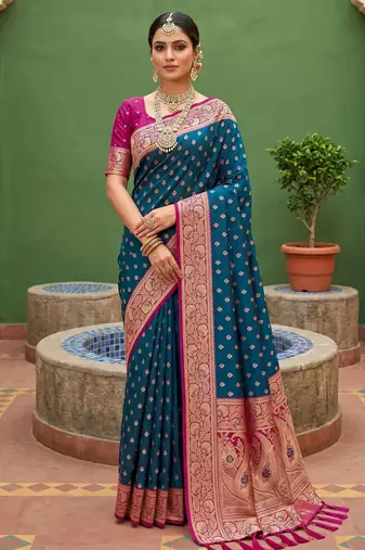 Teal blue soft banarasi silk blend saree with zari weaving meenakari design