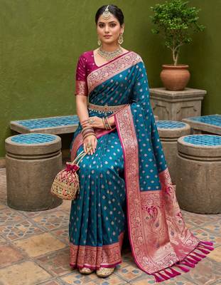 Teal blue soft banarasi silk blend saree with zari weaving meenakari design 3