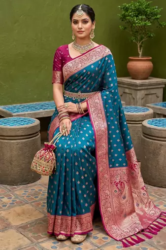 Teal blue soft banarasi silk blend saree with zari weaving meenakari design