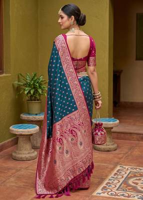 Teal blue soft banarasi silk blend saree with zari weaving meenakari design 4