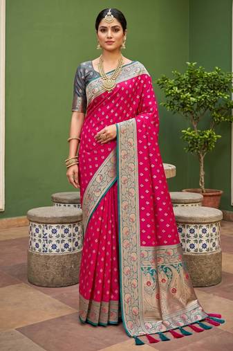 Pink soft banarasi silk blend saree with zari weaving meenakari design