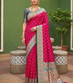 Pink soft banarasi silk blend saree with zari weaving meenakari design
