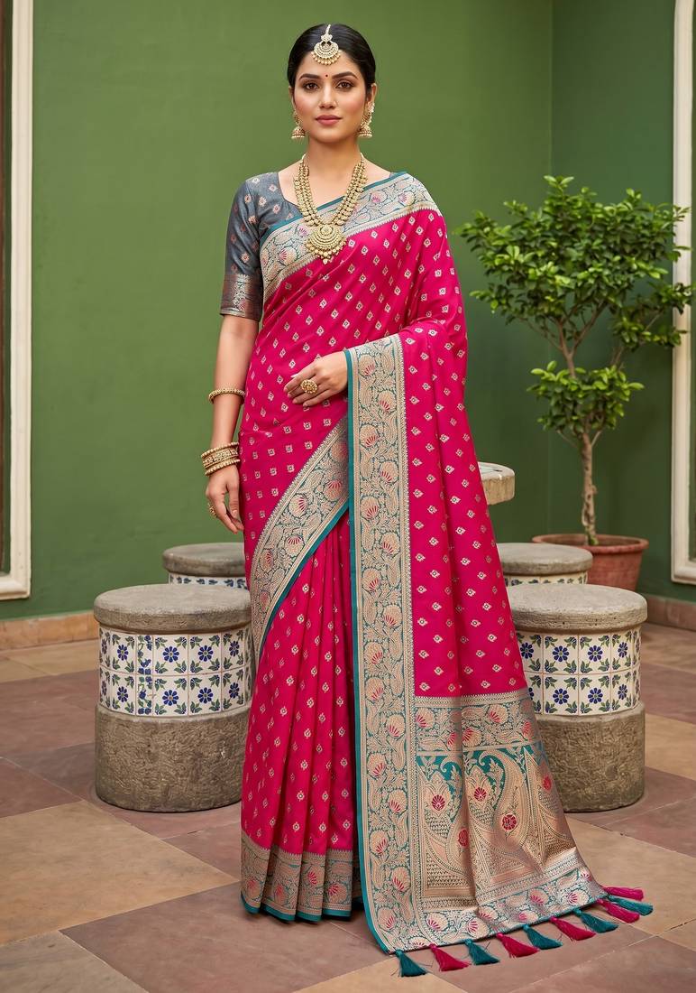 Pink soft banarasi silk blend saree with zari weaving meenakari design