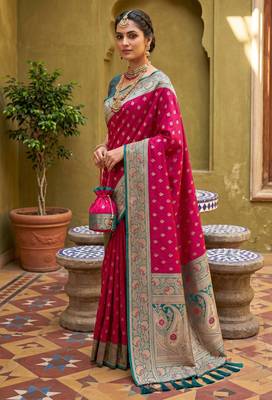 Pink soft banarasi silk blend saree with zari weaving meenakari design 2