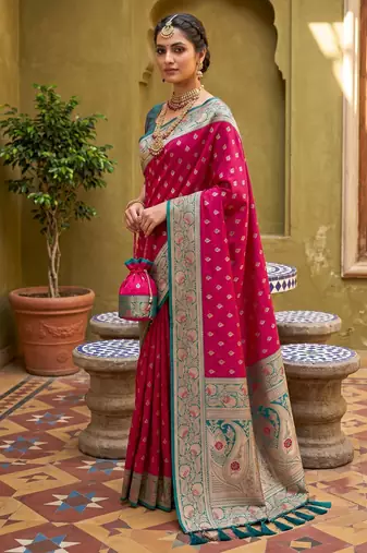 Pink soft banarasi silk blend saree with zari weaving meenakari design