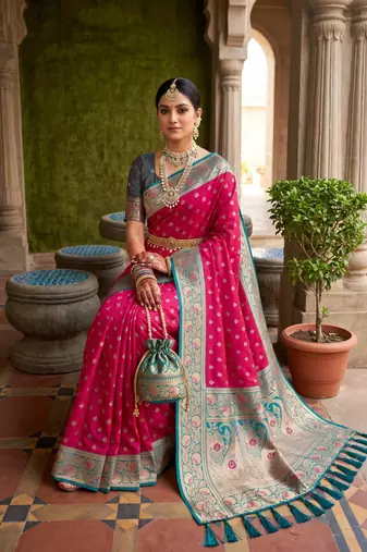 Pink soft banarasi silk blend saree with zari weaving meenakari design