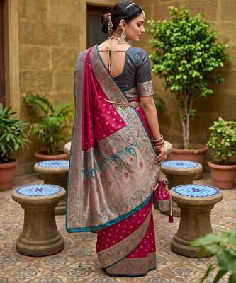 Pink soft banarasi silk blend saree with zari weaving meenakari design 4