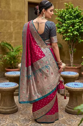 Pink soft banarasi silk blend saree with zari weaving meenakari design