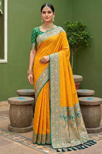 Yellow soft banarasi silk blend saree with zari weaving meenakari design