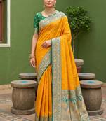 Yellow soft banarasi silk blend saree with zari weaving meenakari design