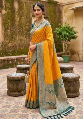 Yellow soft banarasi silk blend saree with zari weaving meenakari design 2