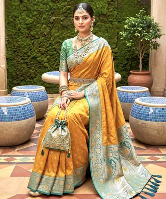 Yellow soft banarasi silk blend saree with zari weaving meenakari design 4