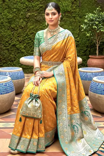 Yellow soft banarasi silk blend saree with zari weaving meenakari design