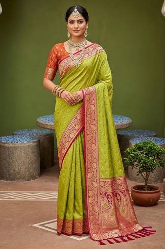 Parrot green soft banarasi silk blend saree with zari weaving meenakari design