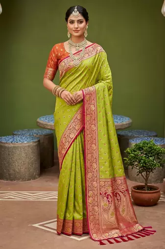 Parrot green soft banarasi silk blend saree with zari weaving meenakari design