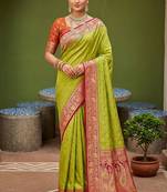 Parrot green soft banarasi silk blend saree with zari weaving meenakari design