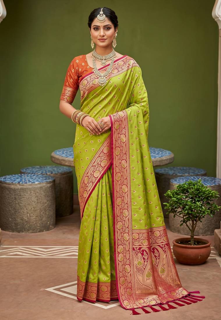 Parrot green soft banarasi silk blend saree with zari weaving meenakari design