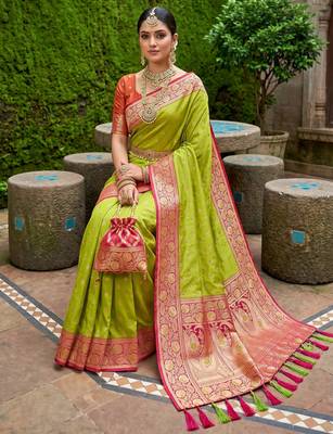 Parrot green soft banarasi silk blend saree with zari weaving meenakari design 2