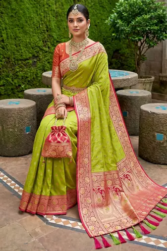 Parrot green soft banarasi silk blend saree with zari weaving meenakari design