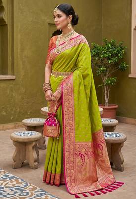 Parrot green soft banarasi silk blend saree with zari weaving meenakari design 3