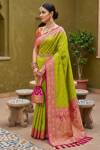 Parrot green soft banarasi silk blend saree with zari weaving meenakari design