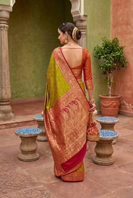Parrot green soft banarasi silk blend saree with zari weaving meenakari design 4