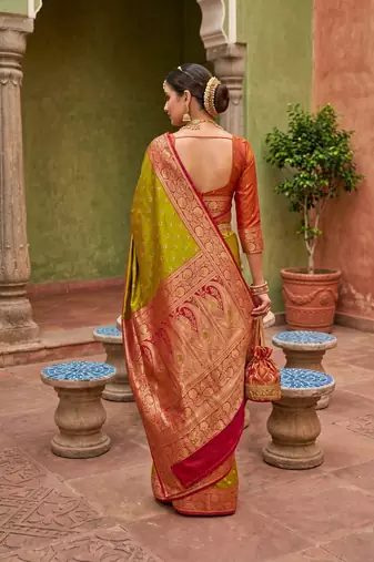 Parrot green soft banarasi silk blend saree with zari weaving meenakari design