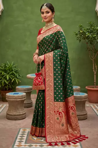 Green soft banarasi silk blend saree with zari weaving meenakari design