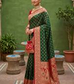Green soft banarasi silk blend saree with zari weaving meenakari design