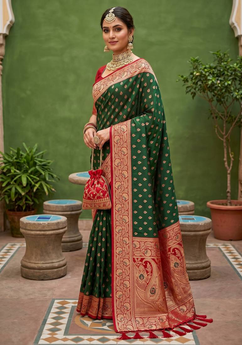 Green soft banarasi silk blend saree with zari weaving meenakari design
