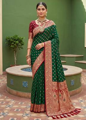 Green soft banarasi silk blend saree with zari weaving meenakari design 2
