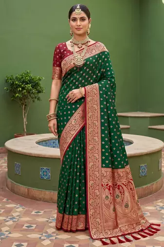 Green soft banarasi silk blend saree with zari weaving meenakari design