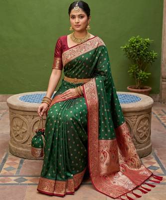 Green soft banarasi silk blend saree with zari weaving meenakari design 3