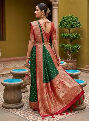 Green soft banarasi silk blend saree with zari weaving meenakari design 4