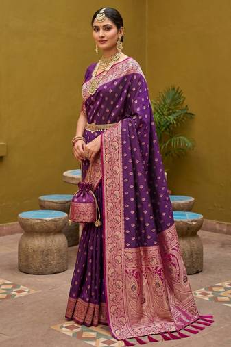 Wine soft banarasi silk blend saree with zari weaving meenakari design