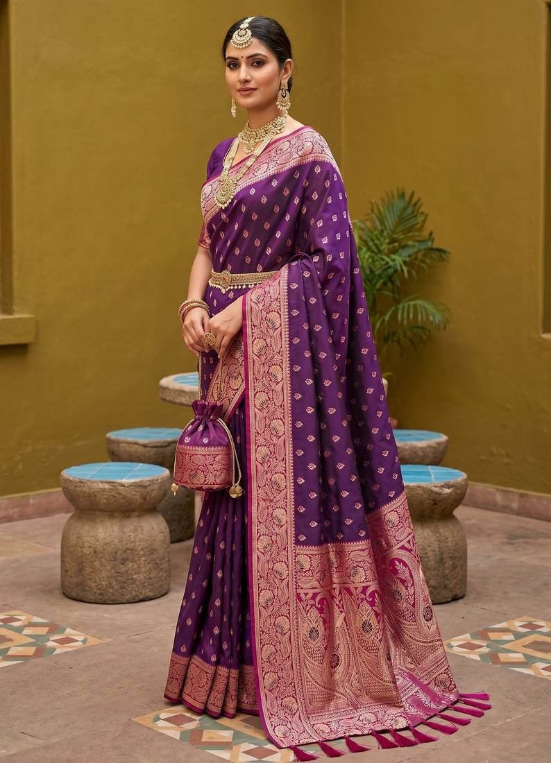 Wine soft banarasi silk blend saree with zari weaving meenakari design