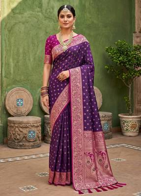Wine soft banarasi silk blend saree with zari weaving meenakari design 2